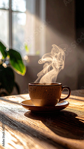 coffee cup placed near window on wooden table with soft morning ligh