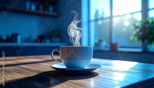 coffee cup placed near window on wooden table with soft morning ligh