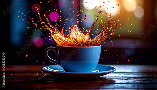 coffee cup placed near window on wooden table with soft morning ligh