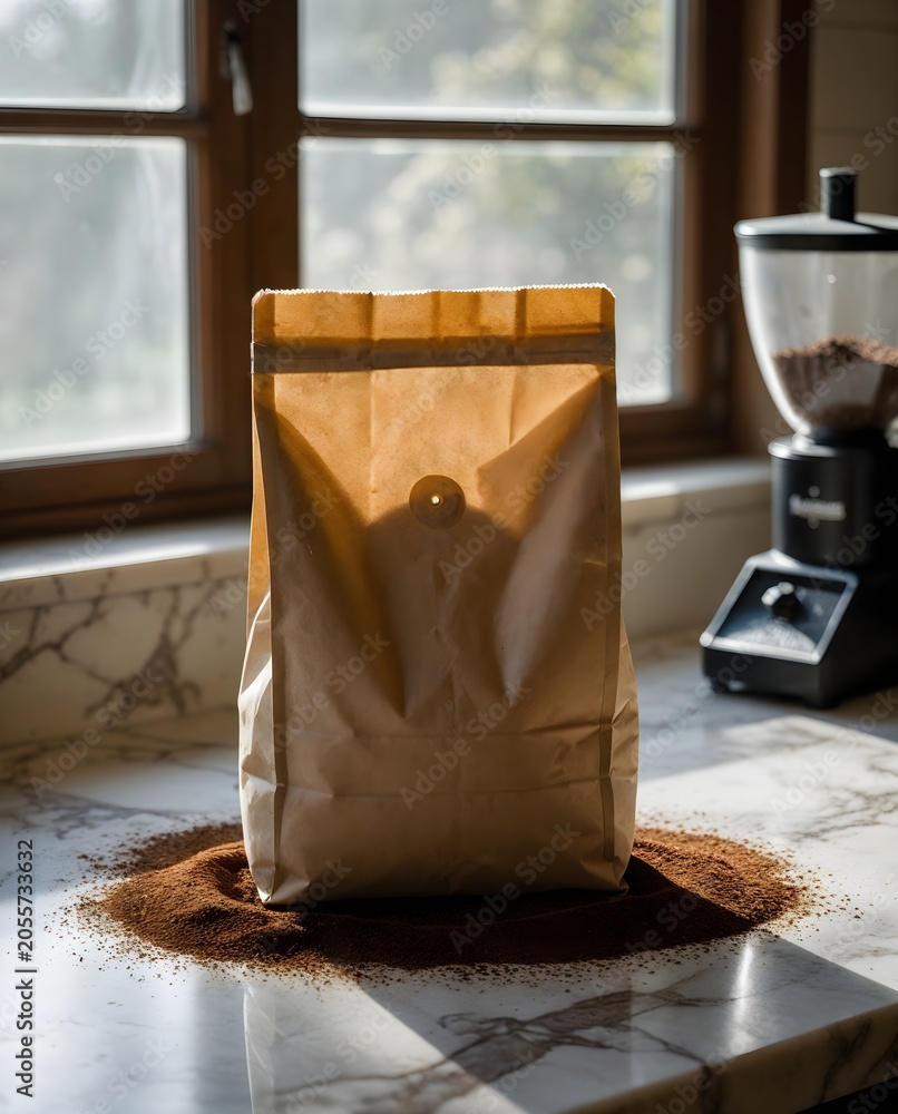 Fototapeta premium Empty Coffee Bag Beside Grinder on Kitchen Counter After Brewing