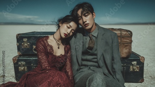 Cinematic Vintage Portrait of a Couple Resting on Luggage in a Barren Landscape
