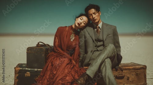 Cinematic Vintage Portrait of a Couple Resting on Luggage in a Barren Landscape