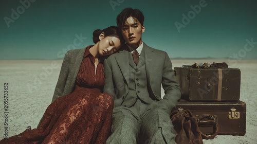 Cinematic Vintage Portrait of a Couple Resting on Luggage in a Barren Landscape