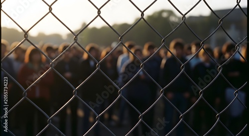 Crowd of Refugees Behind Chain Link Fence