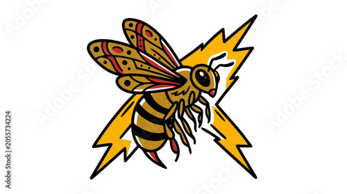 Fotografia Angry hornet with yellow lightning bolts tattoo art.