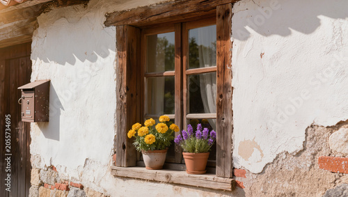 Rustic Window with Flower Pots on Weathered Stone Wall in Sunlight