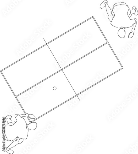 Technical 2D vector line drawing of a table tennis ping pong match showing a top view plan layout with players and a table for architectural site and sports facility blueprints.
