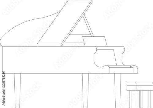Technical line art of a grand piano with an open lid and a piano bench in side elevation view. Monochrome musical instrument illustration.