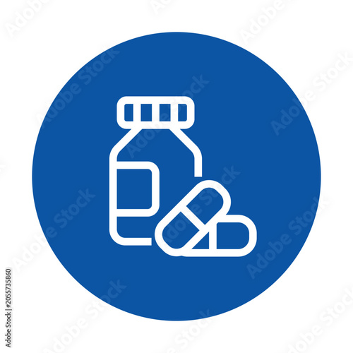 Iconic Representation of Pharmaceutical Bottle with Capsules on Blue Background
