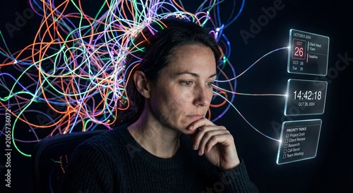 Businesswoman Wired to Floating Glass Interfaces for Scheduling, Deadlines, and Priority Tasks