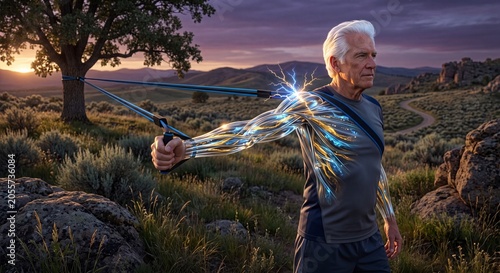 Conceptual visualization of an active senior man's inner strength and glowing energy during an outdoor resistance band exercise at sunset.