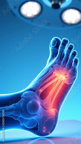 Medical illustration of human foot anatomy showing painful inflammation
