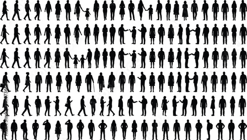 Massive collection of people silhouettes walking standing talking shaking hands and elderly citizens isolated on white background