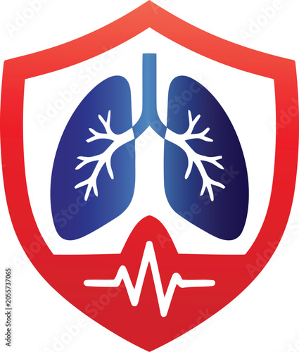 Foto Medical safety logo featuring blue lungs with bronchial tree inside red shield and white EKG heartbeat line