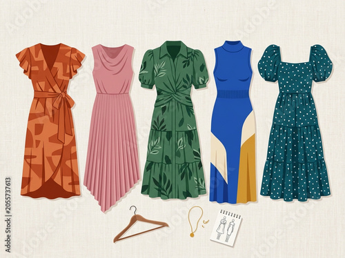 Collection of stylish summer dresses and fashion design tools