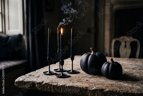 Moody Halloween still life featuring black taper candles and matte black pumpkins on a weathered wooden table with smoke