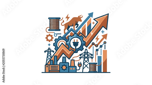 Konstfotografi Vector illustration of industrial energy growth chart with bull and power lines