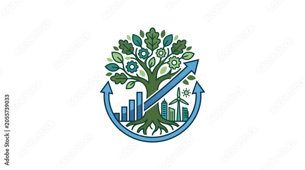 Obraz premium Eco-friendly business growth concept with tree, city, and chart elements