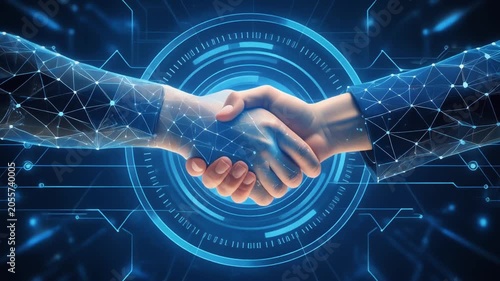 Digital handshake on blue technology background. Business partnership concept