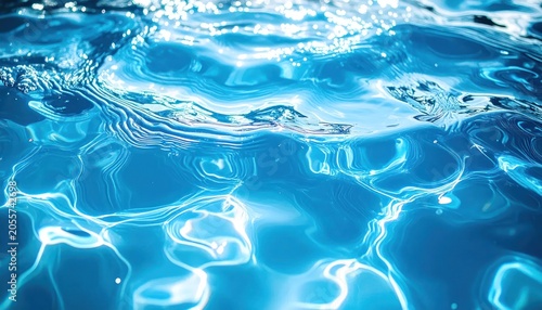 Close-up of Rippling Blue Water Surface with Sunlight Reflections.