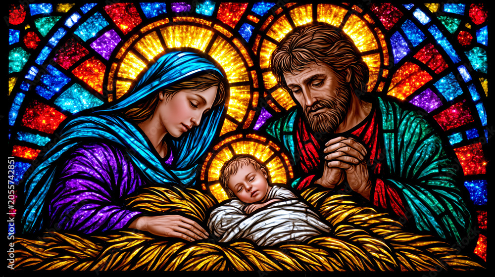 Fototapeta premium Nativity scene stained glass illustration with holy family