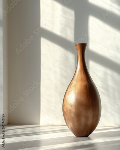 Elegant copper ceramic vase on shelf with soft sunlight and shadows, minimalist home decor still life