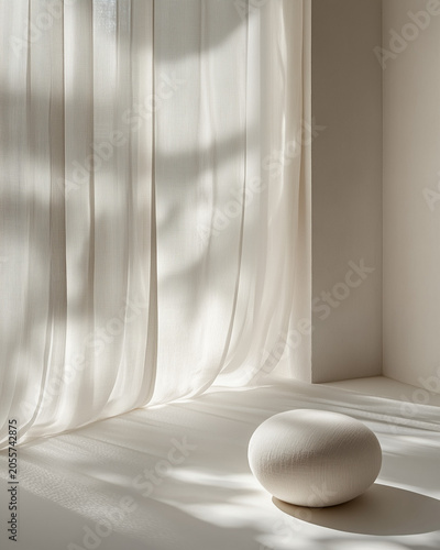 Minimalist white podium with smooth stone and sheer curtain shadows, neutral product display background