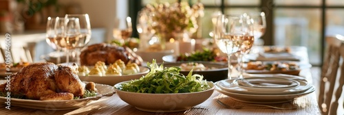 Modern festive dinner table filled with roasted chicken, fresh salad, and holiday dishes, illuminated by soft sunlight in a cozy family home.