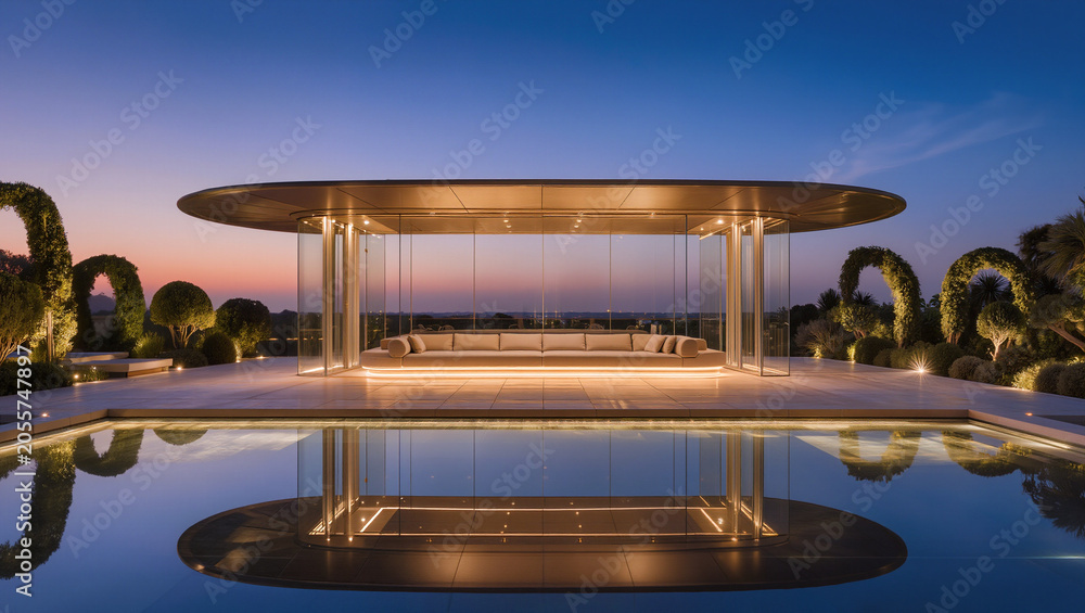 Fototapeta premium Luxury Glass Pavilion Reflected in Pool at Twilight with Modern Architecture