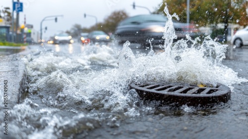 Urban flooding with stormwater eruption from manhole, floodwater, drainage failure, infrastructure damage and climate impact on city street with rushing water, foam and traffic disruption