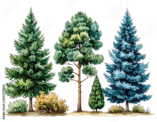 A watercolor illustration of several evergreen trees and shrubs.