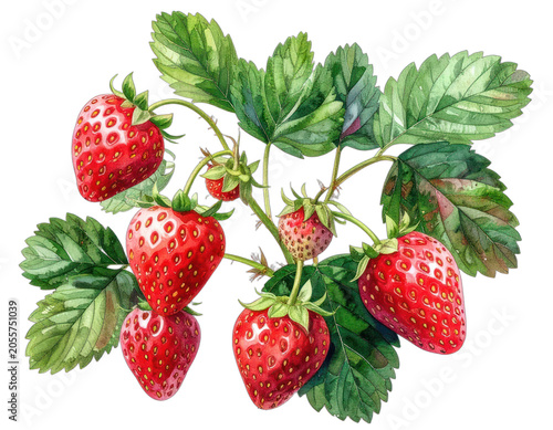 A vibrant watercolor illustration of ripe strawberries with green leaves on a black background.