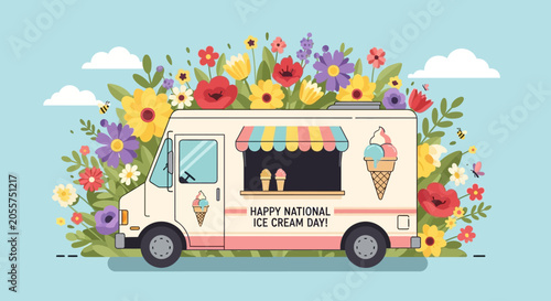 Bilde på lerret Ice Cream Truck Surrounded by Flowers, Happy National Ice Cream Day!