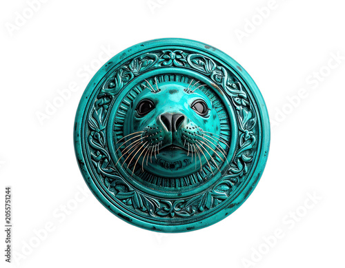 A striking turquoise medallion features a detailed relief of a seal's face.