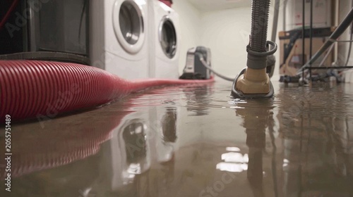 Flooded basement cleanup with water damage, extraction, wet vacuum, drainage, restoration, drying, repair, recovery and moisture removal from reflective concrete floor after flooding