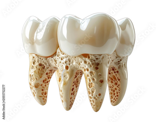 A detailed 3D illustration of human molars with visible bone structure and decay.