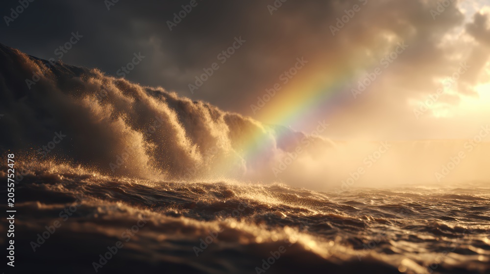 Fototapeta premium Oceanic Serenity: A breathtaking ocean wave catches the sunlight, with a vibrant rainbow arcing across the stormy sky, creating a scene of dramatic natural beauty.