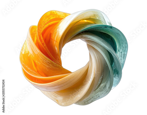 A swirling vortex of translucent colored ribbons creates an abstract circular form.