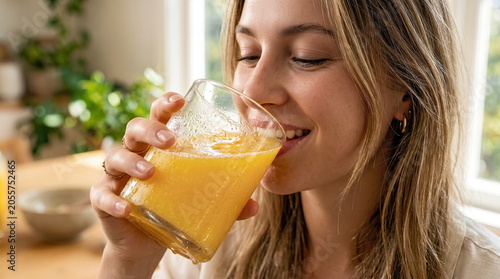 A young woman is in her kitchen at home, drinking her orange juice during breakfast.