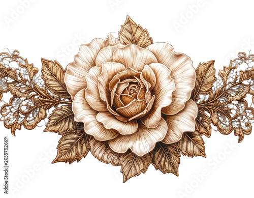 An ornate rose with detailed petals and leaves is framed by delicate lace on a black background.