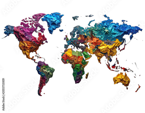 A vibrant, textured world map displayed against a dark background.