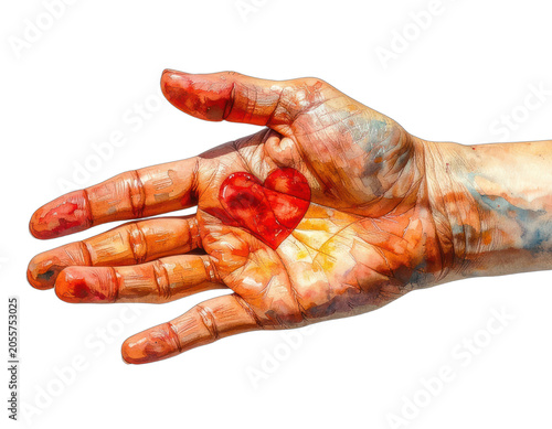 A watercolor painting of a hand holding a vibrant red heart against a black background.