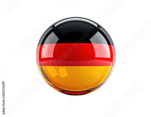 A reflective sphere displays the German flag against a black background.