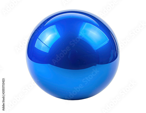 A highly reflective blue sphere with highlights and reflections on a black background.