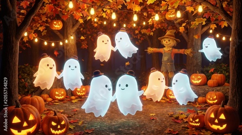 Enchanting Halloween Forest: A whimsical scene unfolds in a mystical forest adorned with twinkling fairy lights and carved pumpkins.