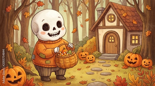 Halloween Cartoon Skeleton: A cute, cartoon skeleton boy in an orange sweater is dressed up for Halloween, carrying a basket full of candy. He is standing outside a small house in a forest clearing.