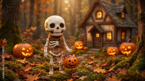 Spooky Skeleton Trick-or-Treater: A charming skeleton character, dressed in a scarf and holding a pumpkin bucket.