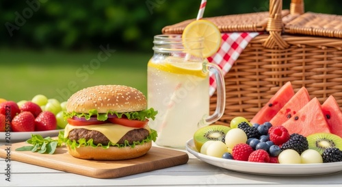 A sunlit outdoor garden feast featuring juicy grilled burgers, fresh fruit platters, glass lemonade jars, and a classic picnic basket, seasonal, outdoor, grilled