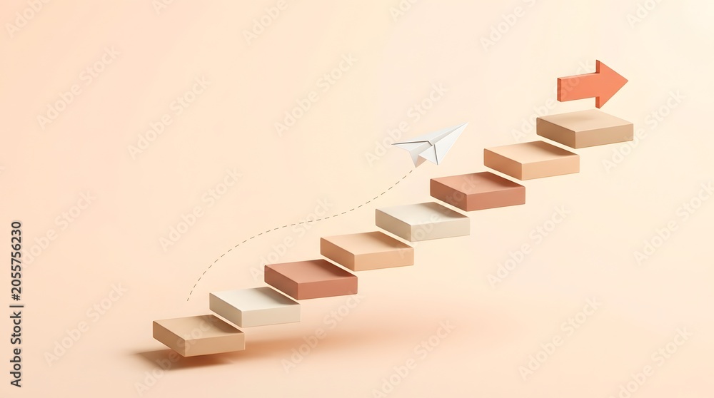 Obraz premium Paper airplane flying over block stairs toward a red upward arrow. Concept of business startup growth, career success journey, and visionary leadership progress.