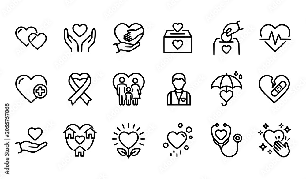 Fototapeta premium Heart Outline Icon Set with Love Care Charity Help and Donation Editable Stroke Vector Collection